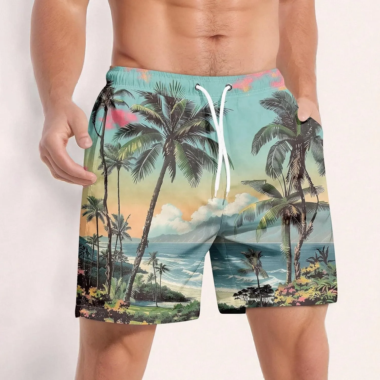 KUIOLYPOER Men's Hawaiian Beach Shorts Summer Casual Drawstring Quick Dry Holiday Tropical Print Shorts with Pockets