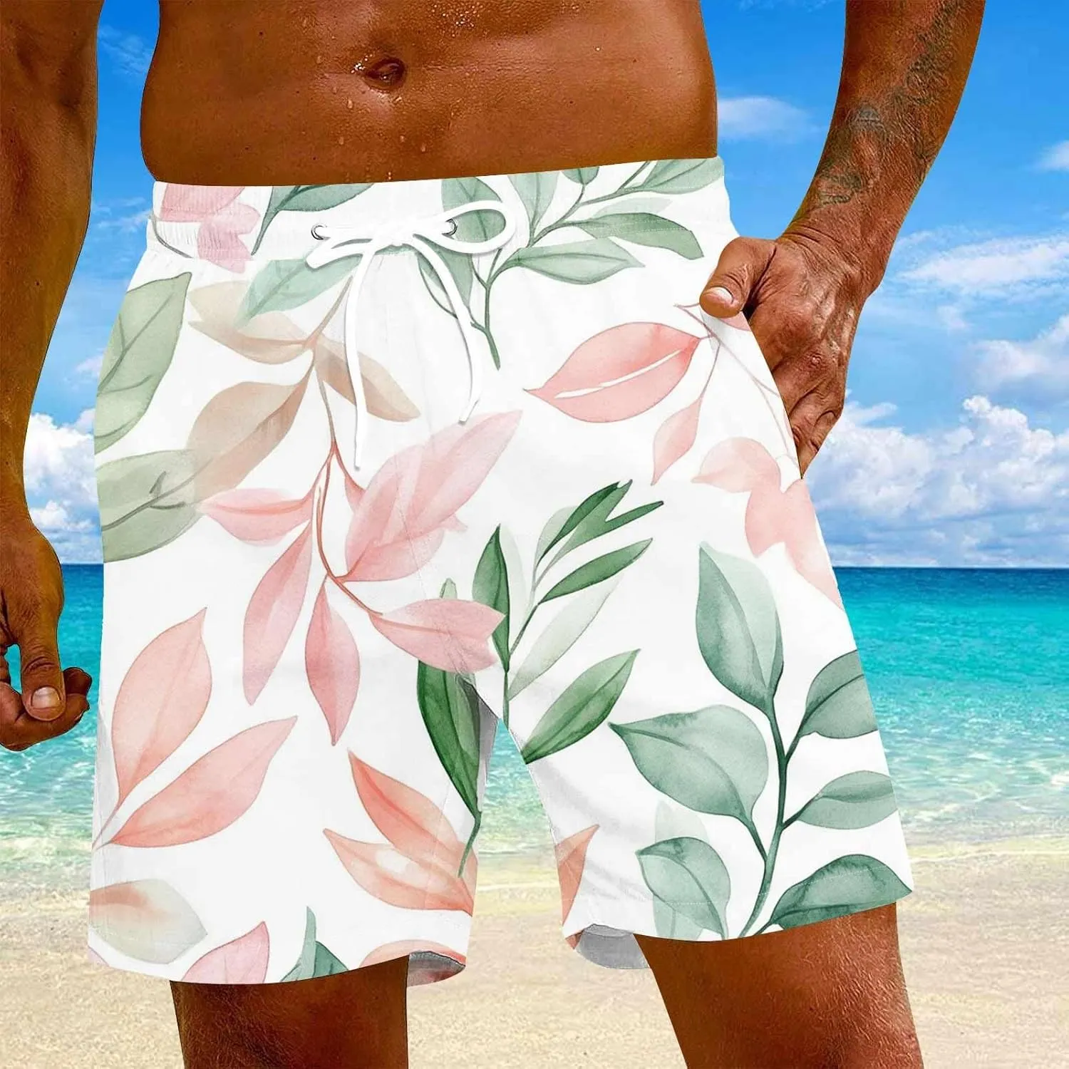 KUIOLYPOER Men's Hawaiian Beach Shorts Summer Casual Drawstring Quick Dry Holiday Tropical Print Shorts with Pockets