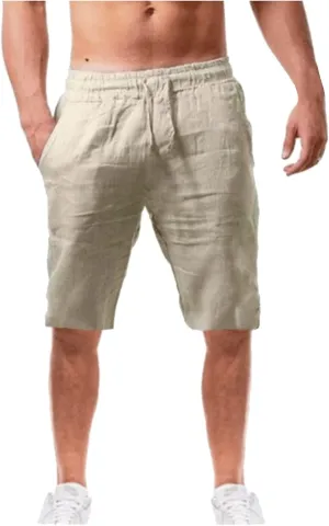 LEIYAN Mens Cotton Linen Shorts Casual Stretch Waist Drawstring Capri Yoga Shorts Active Workout Lounge Shorts Beige