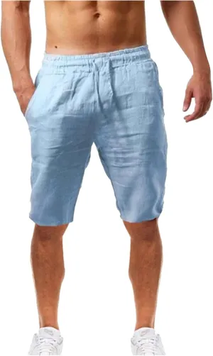 LEIYAN Mens Cotton Linen Shorts Casual Stretch Waist Drawstring Capri Yoga Shorts Active Workout Lounge Shorts Blue