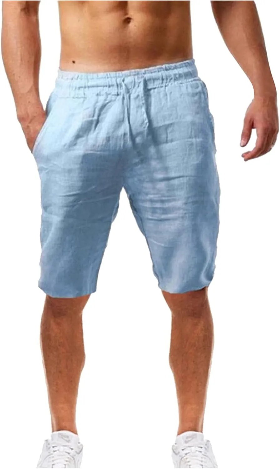 LEIYAN Mens Cotton Linen Shorts Casual Stretch Waist Drawstring Capri Yoga Shorts Active Workout Lounge Shorts Blue