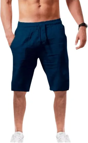 LEIYAN Mens Cotton Linen Shorts Casual Stretch Waist Drawstring Capri Yoga Shorts Active Workout Lounge Shorts Navy