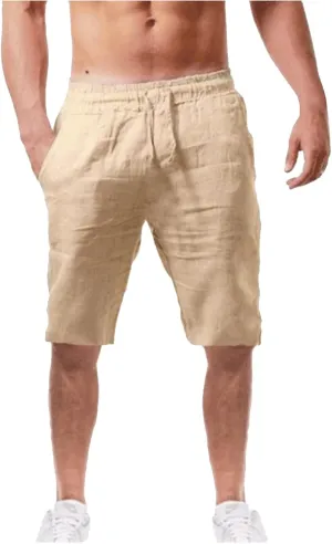 LEIYAN Mens Cotton Linen Shorts Casual Stretch Waist Drawstring Capri Yoga Shorts Active Workout Lounge Shorts Yellow