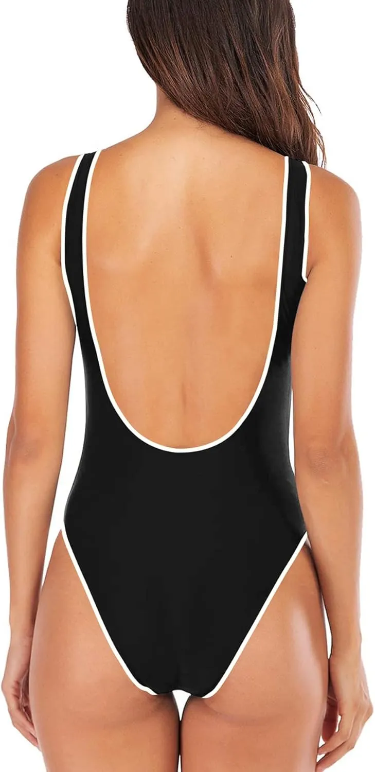 Leoparts Women's Retro 80s/90s High Cut Low Back One Piece Swimsuits Bathing Suits