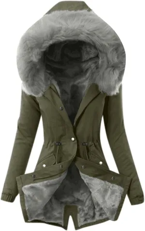 Lightweight Quilted Padded Fleece Lined Coats Ladies Padded Thermal Overcoat with Faux Hooded Windproof Warm Puffy