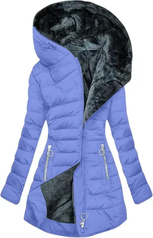 Lightweight Quilted Padded Fleece Lined Coats Ladies Padded Thermal Overcoat with Faux Hooded Windproof Warm Puffy