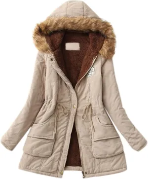 Lightweight Quilted Padded Fleece Lined Coats Ladies Padded Thermal Overcoat with Faux Hooded Windproof Warm Puffy