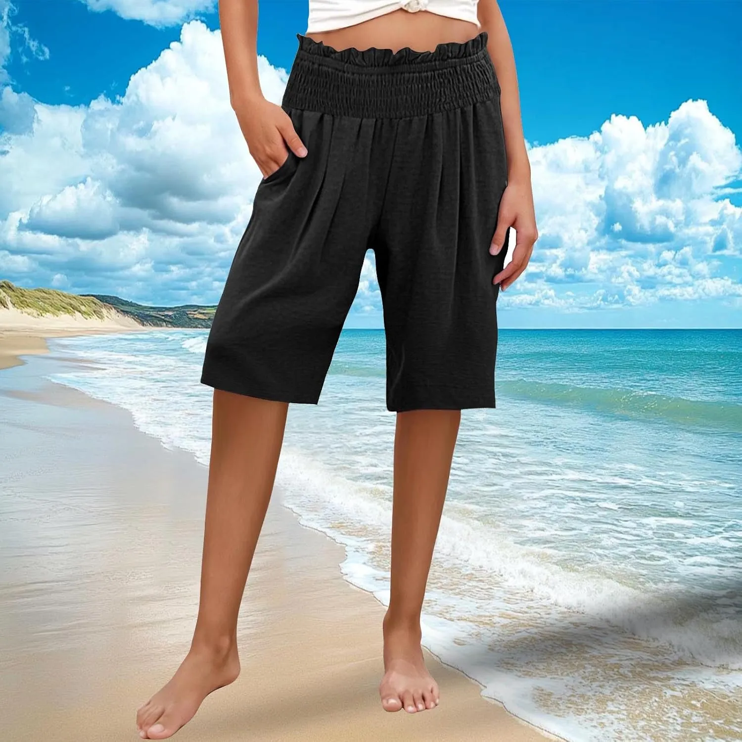 Linen Bermuda Shorts for Women Knee Length Casual Beach Summer Shorts with Pockets Summer Capri Pants