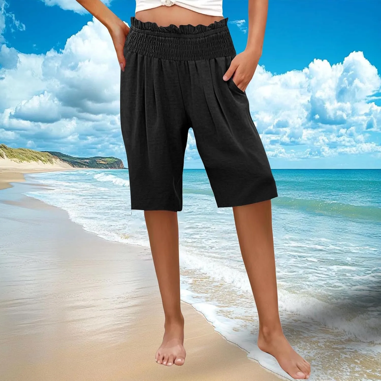 Linen Bermuda Shorts for Women Knee Length Casual Beach Summer Shorts with Pockets Summer Capri Pants