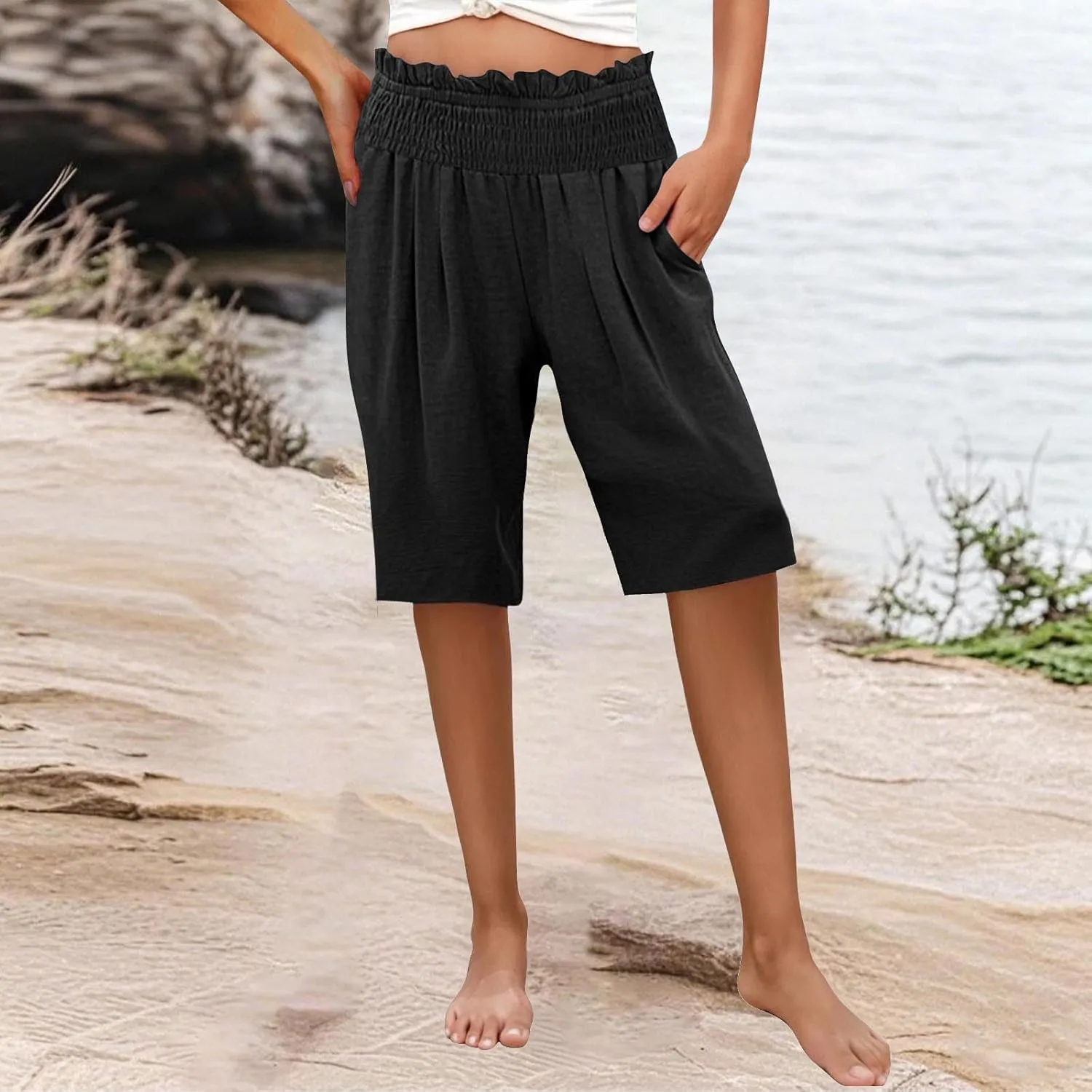 Linen Bermuda Shorts for Women Knee Length Casual Beach Summer Shorts with Pockets Summer Capri Pants