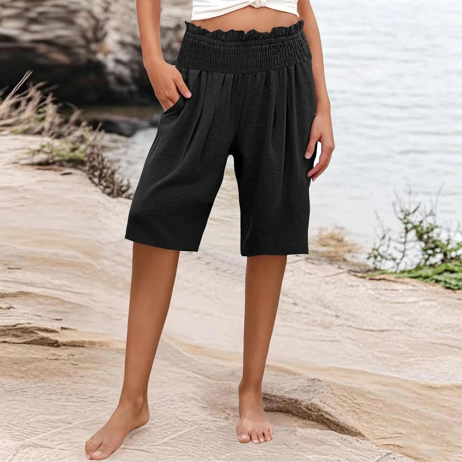 Linen Bermuda Shorts for Women Knee Length Casual Beach Summer Shorts with Pockets Summer Capri Pants