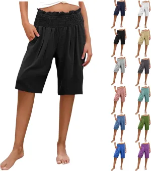 Linen Bermuda Shorts for Women Knee Length Casual Beach Summer Shorts with Pockets Summer Capri Pants