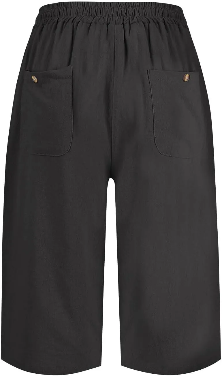 Linen Bermuda Shorts for Women Knee Length Drawstring Shorts High Waisted Long Shorts Casual Beach Shorts w/Pockets