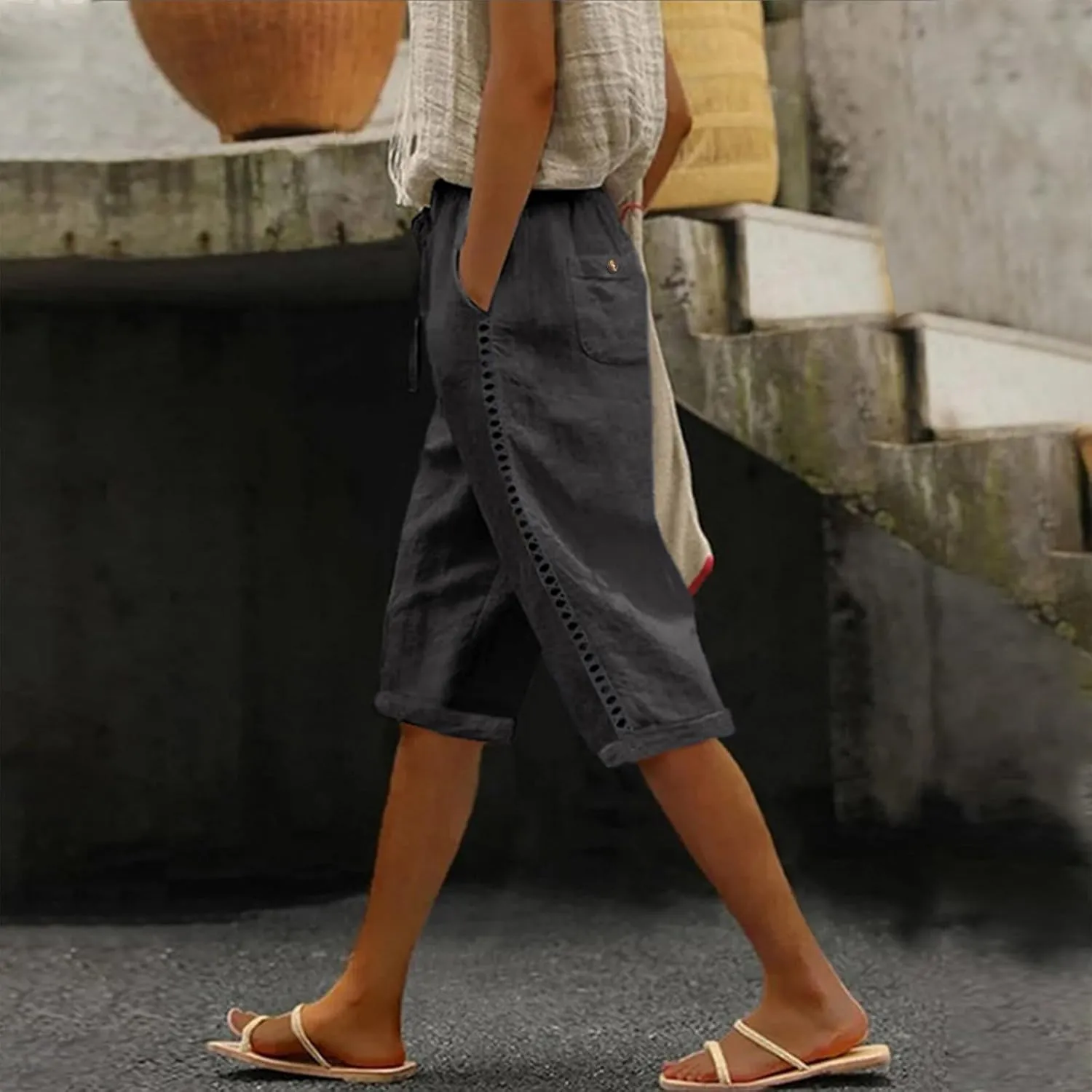 Linen Bermuda Shorts for Women Knee Length Drawstring Shorts High Waisted Long Shorts Casual Beach Shorts w/Pockets