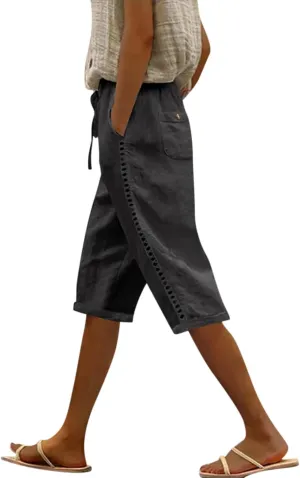 Linen Bermuda Shorts for Women Knee Length Drawstring Shorts High Waisted Long Shorts Casual Beach Shorts w/Pockets