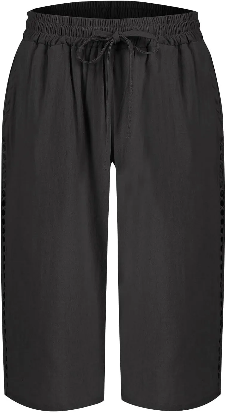 Linen Bermuda Shorts for Women Knee Length Drawstring Shorts High Waisted Long Shorts Casual Beach Shorts w/Pockets