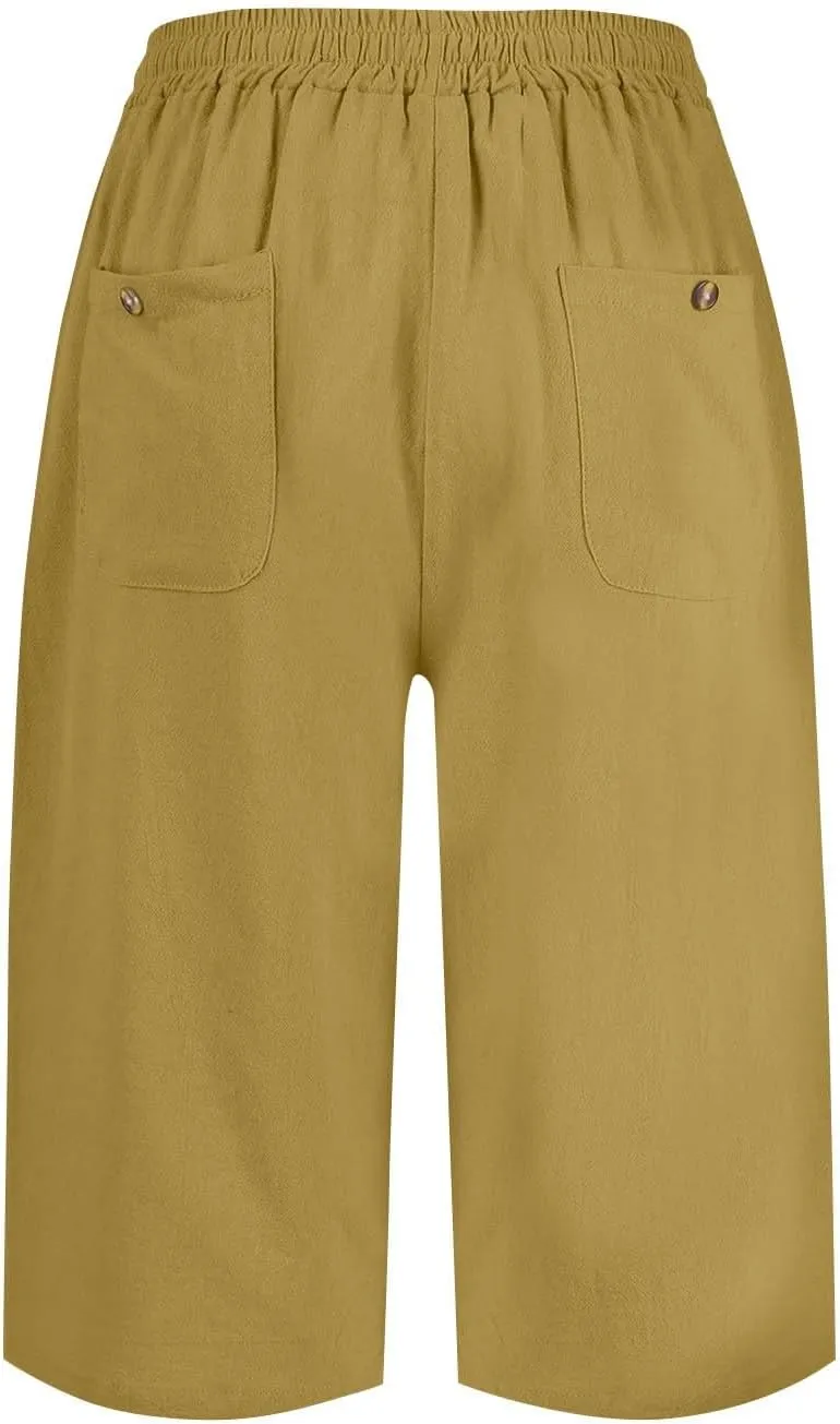 Linen Bermuda Shorts for Women Knee Length Drawstring Shorts High Waisted Long Shorts Casual Beach Shorts w/Pockets