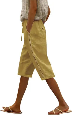 Linen Bermuda Shorts for Women Knee Length Drawstring Shorts High Waisted Long Shorts Casual Beach Shorts w/Pockets
