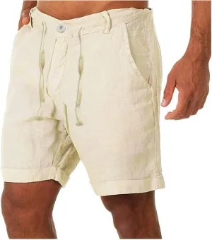 Linen Shorts for Men, Men's Casual Cotton Linen Shorts Elastic Waist Drawstring Summer Beach Golf Shorts with Pockets