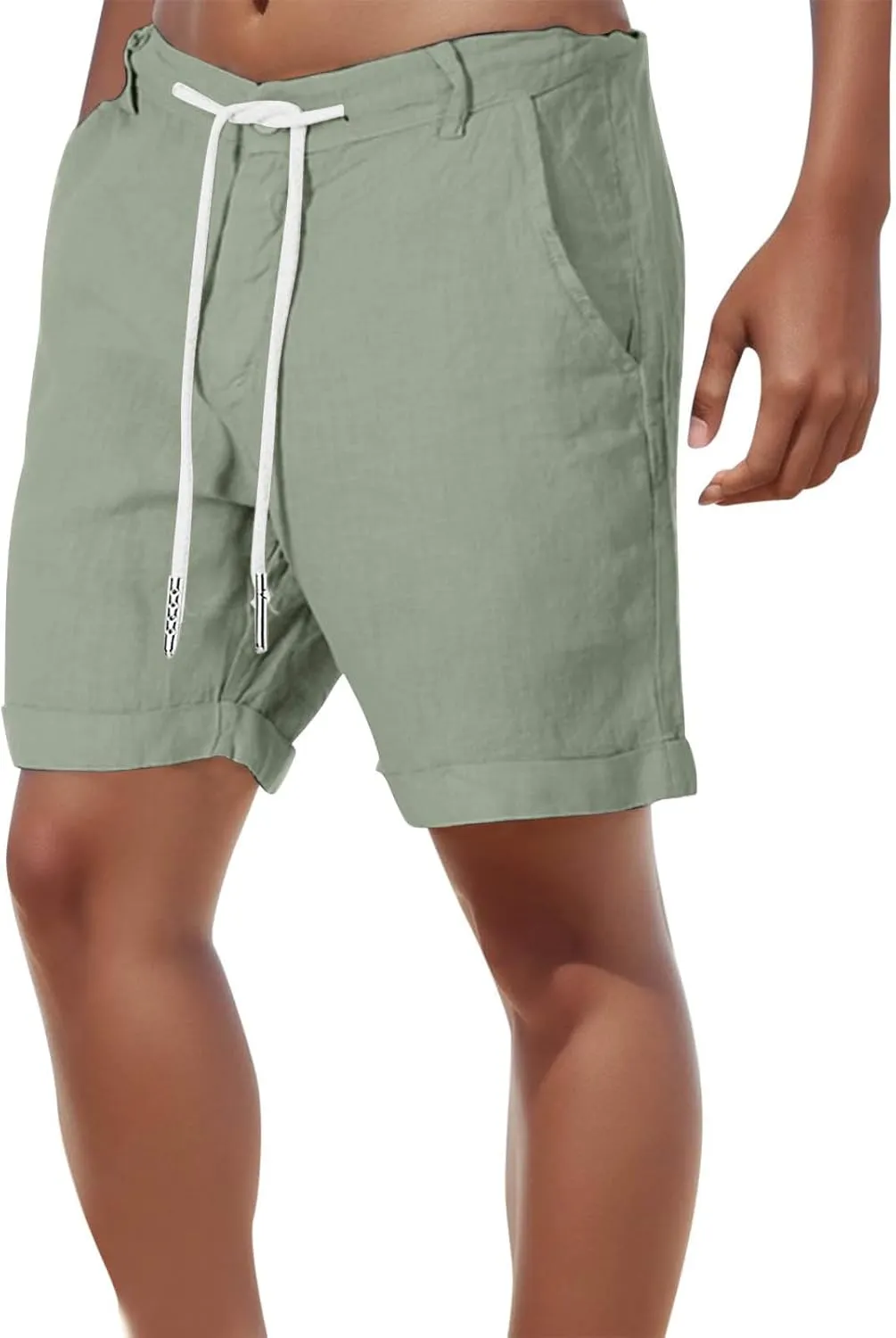Linen Shorts for Men, Men's Casual Cotton Linen Shorts Elastic Waist Drawstring Summer Beach Golf Shorts with Pockets