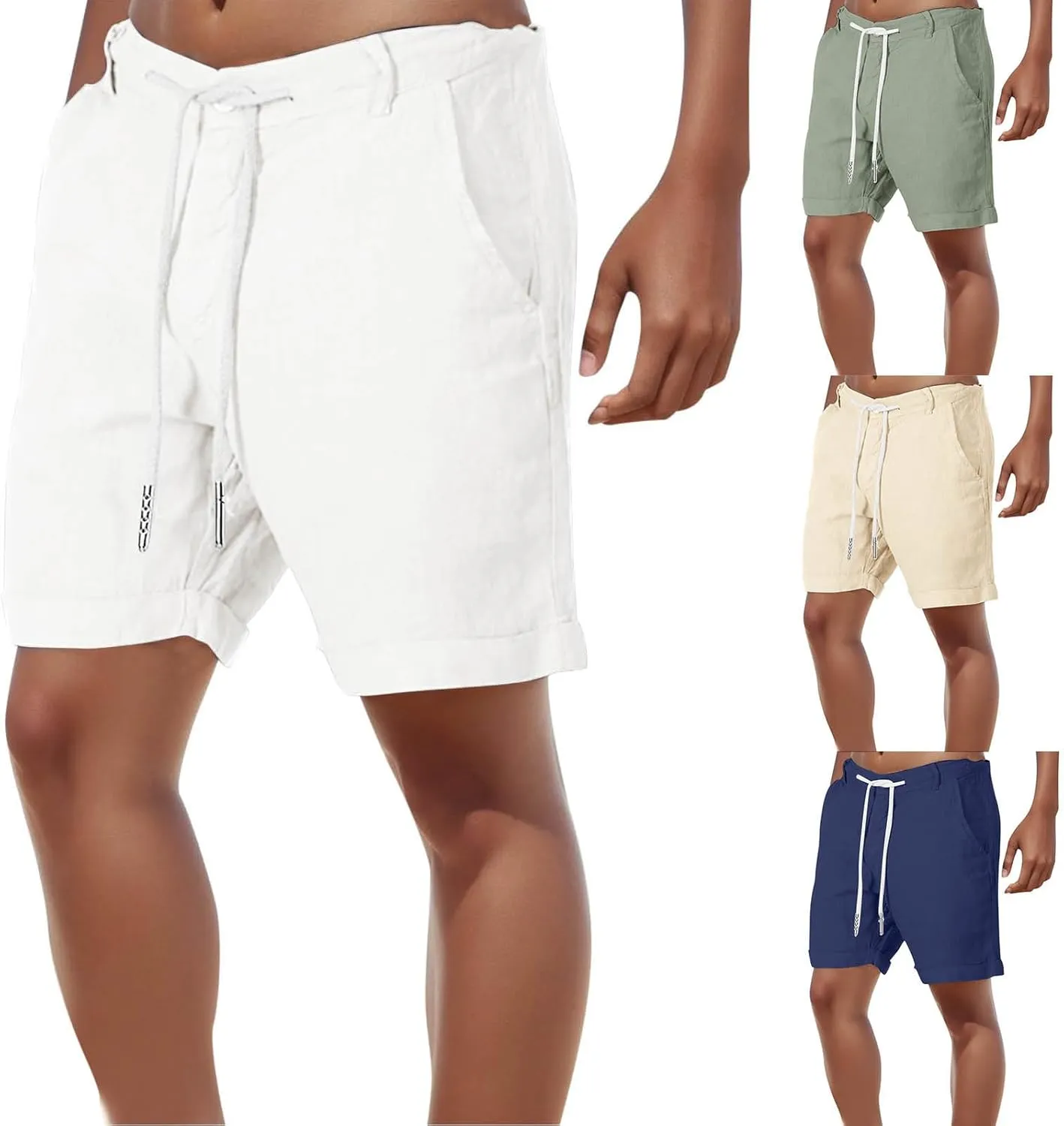Linen Shorts for Men, Men's Casual Cotton Linen Shorts Elastic Waist Drawstring Summer Beach Golf Shorts with Pockets