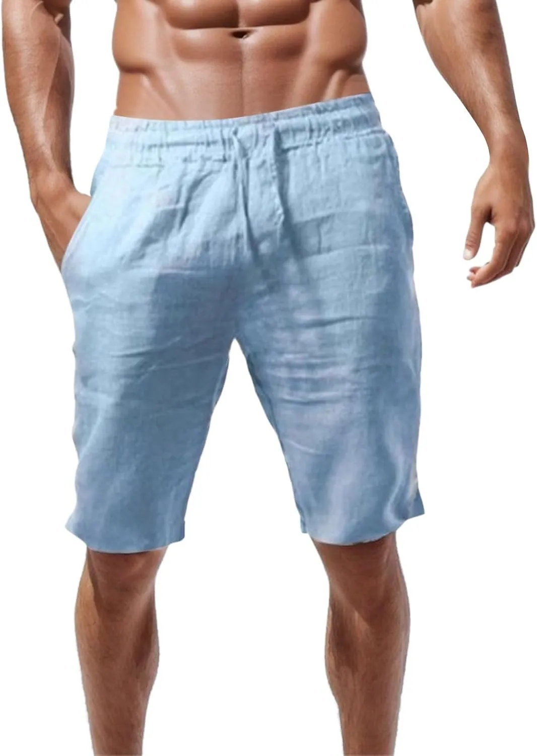 Linen Shorts for Men, Men's Casual Cotton Linen Shorts Elastic Waist Drawstring Summer Sports Golf Shorts with Pockets