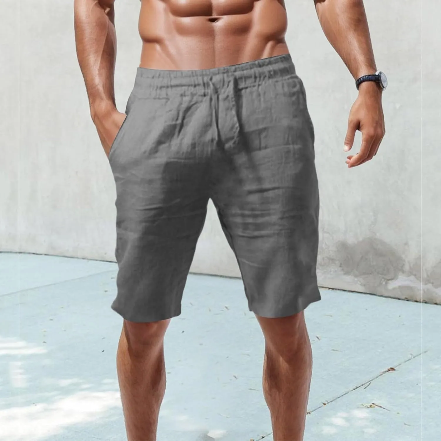 Linen Shorts for Men, Men's Casual Cotton Linen Shorts Elastic Waist Drawstring Summer Sports Golf Shorts with Pockets