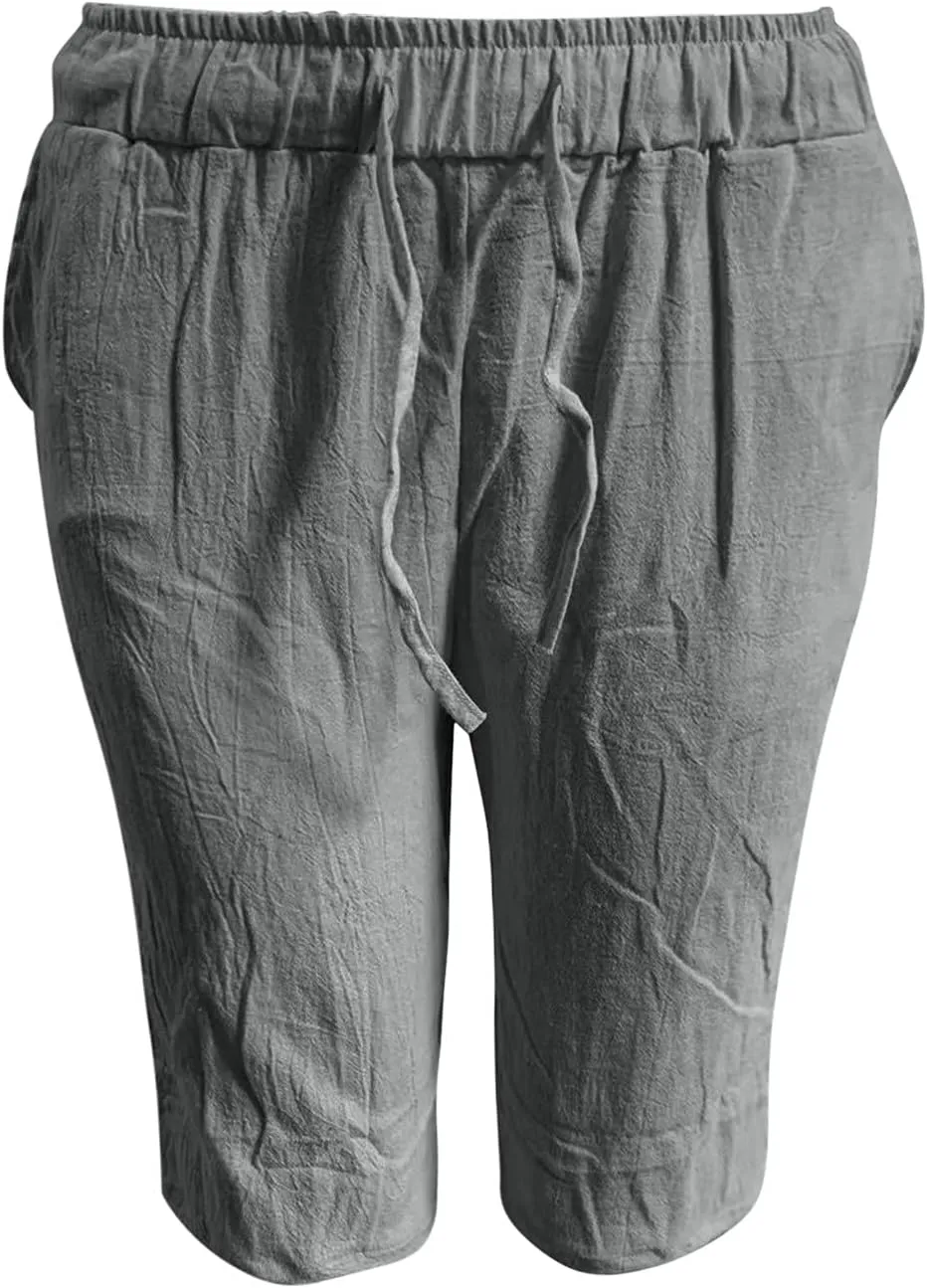 Linen Shorts for Men, Men's Casual Cotton Linen Shorts Elastic Waist Drawstring Summer Sports Golf Shorts with Pockets