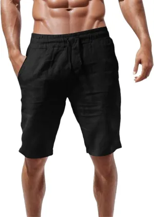 Linen Shorts for Men, Men's Casual Cotton Linen Shorts Elastic Waist Drawstring Summer Sports Golf Shorts with Pockets