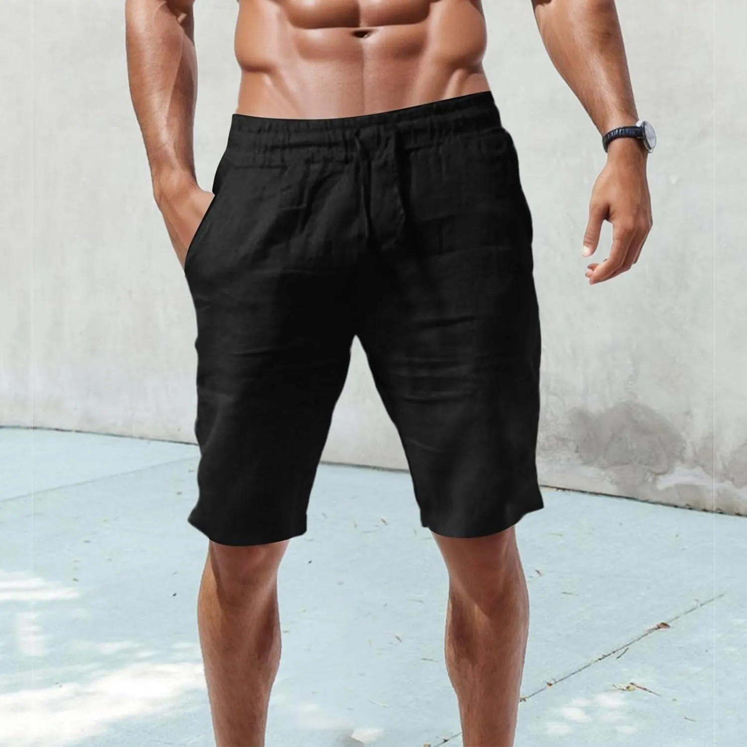 Linen Shorts for Men, Men's Casual Cotton Linen Shorts Elastic Waist Drawstring Summer Sports Golf Shorts with Pockets