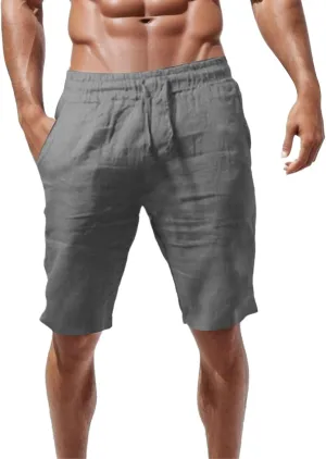 Linen Shorts for Men, Men's Casual Cotton Linen Shorts Elastic Waist Drawstring Summer Sports Golf Shorts with Pockets