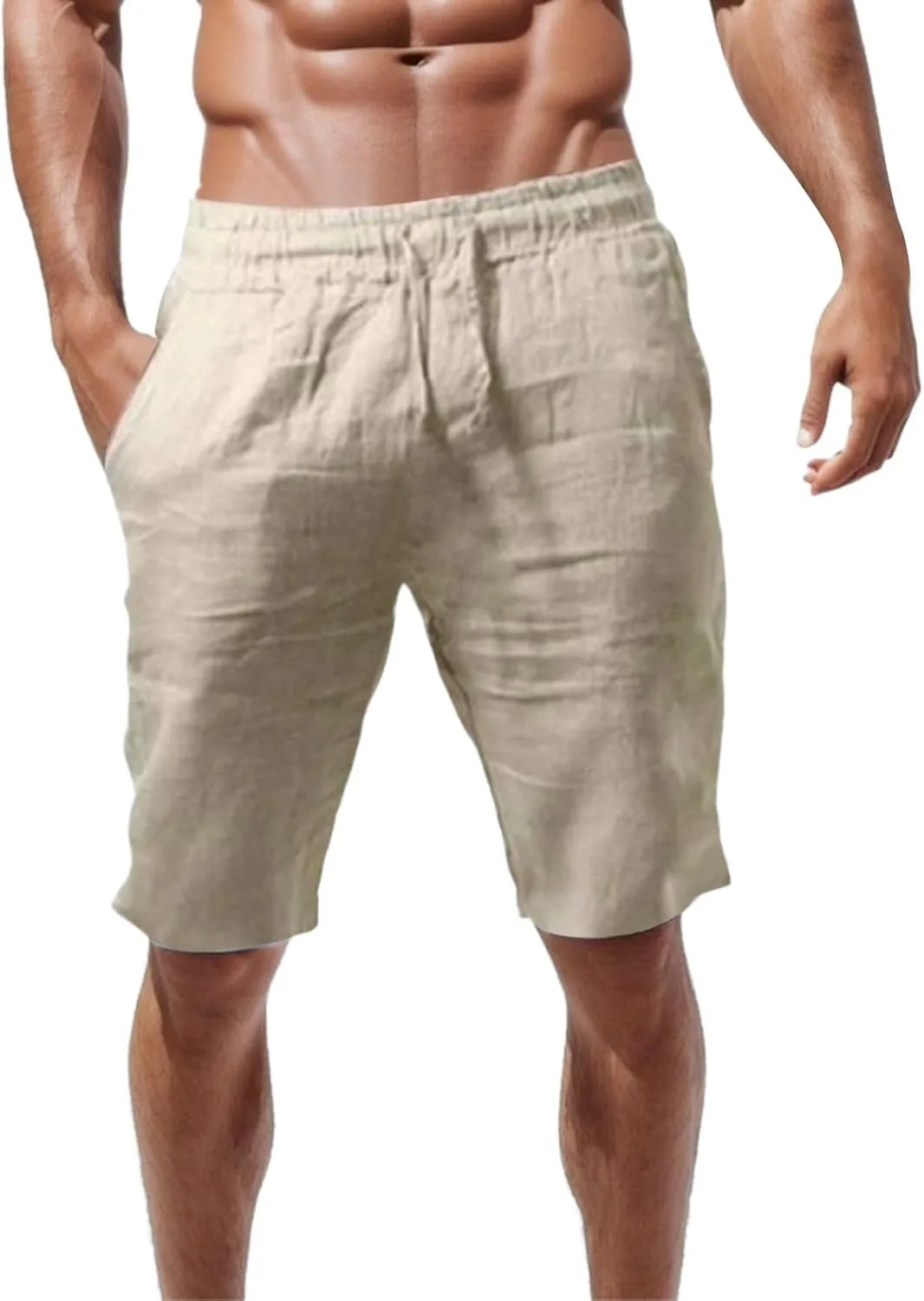 Linen Shorts for Men, Men's Casual Cotton Linen Shorts Elastic Waist Drawstring Summer Sports Golf Shorts with Pockets