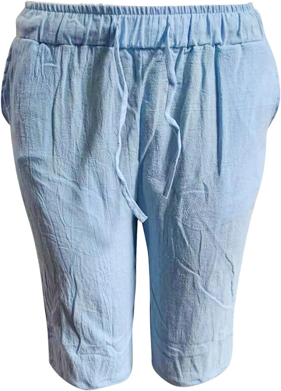 Linen Shorts for Men, Men's Casual Cotton Linen Shorts Elastic Waist Drawstring Summer Sports Golf Shorts with Pockets