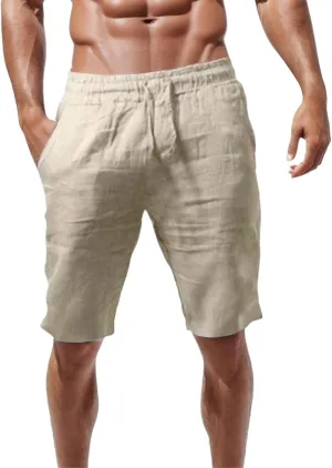 Linen Shorts for Men, Men's Casual Cotton Linen Shorts Elastic Waist Drawstring Summer Sports Golf Shorts with Pockets