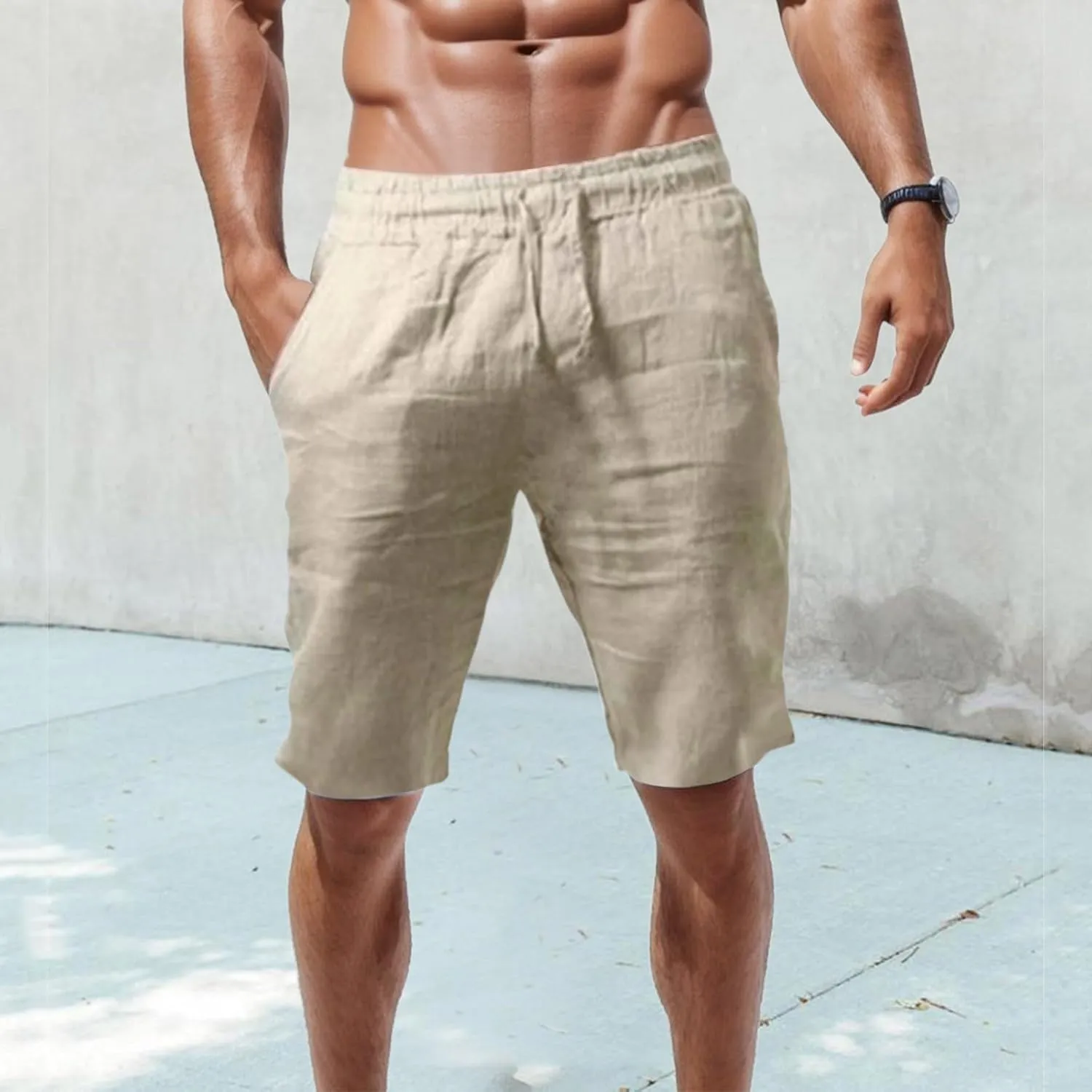 Linen Shorts for Men, Men's Casual Cotton Linen Shorts Elastic Waist Drawstring Summer Sports Golf Shorts with Pockets