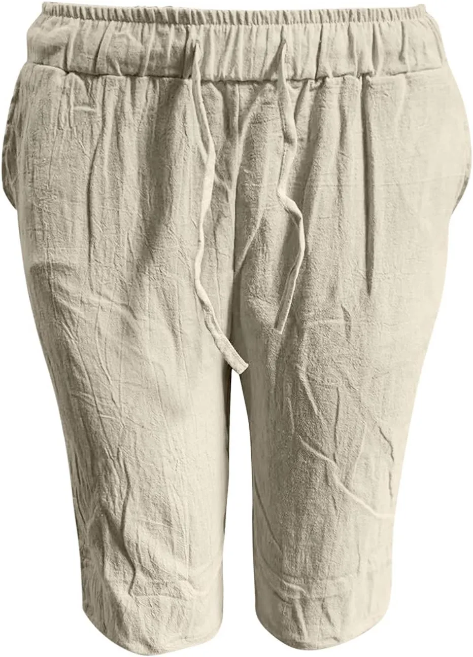 Linen Shorts for Men, Men's Casual Cotton Linen Shorts Elastic Waist Drawstring Summer Sports Golf Shorts with Pockets