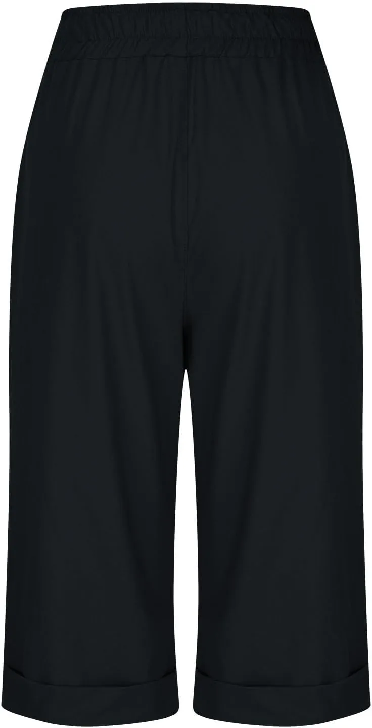 Linen Shorts for Women Casual Summer Drawstring Elastic Waist Pants with Pockets Comfy Bermuda Shorts Knee Length
