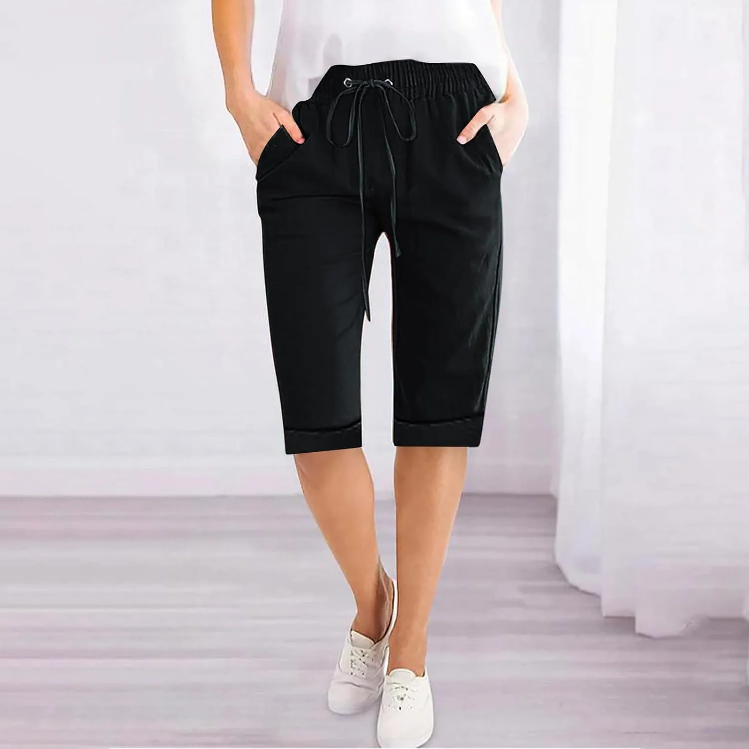 Linen Shorts for Women Casual Summer Drawstring Elastic Waist Pants with Pockets Comfy Bermuda Shorts Knee Length