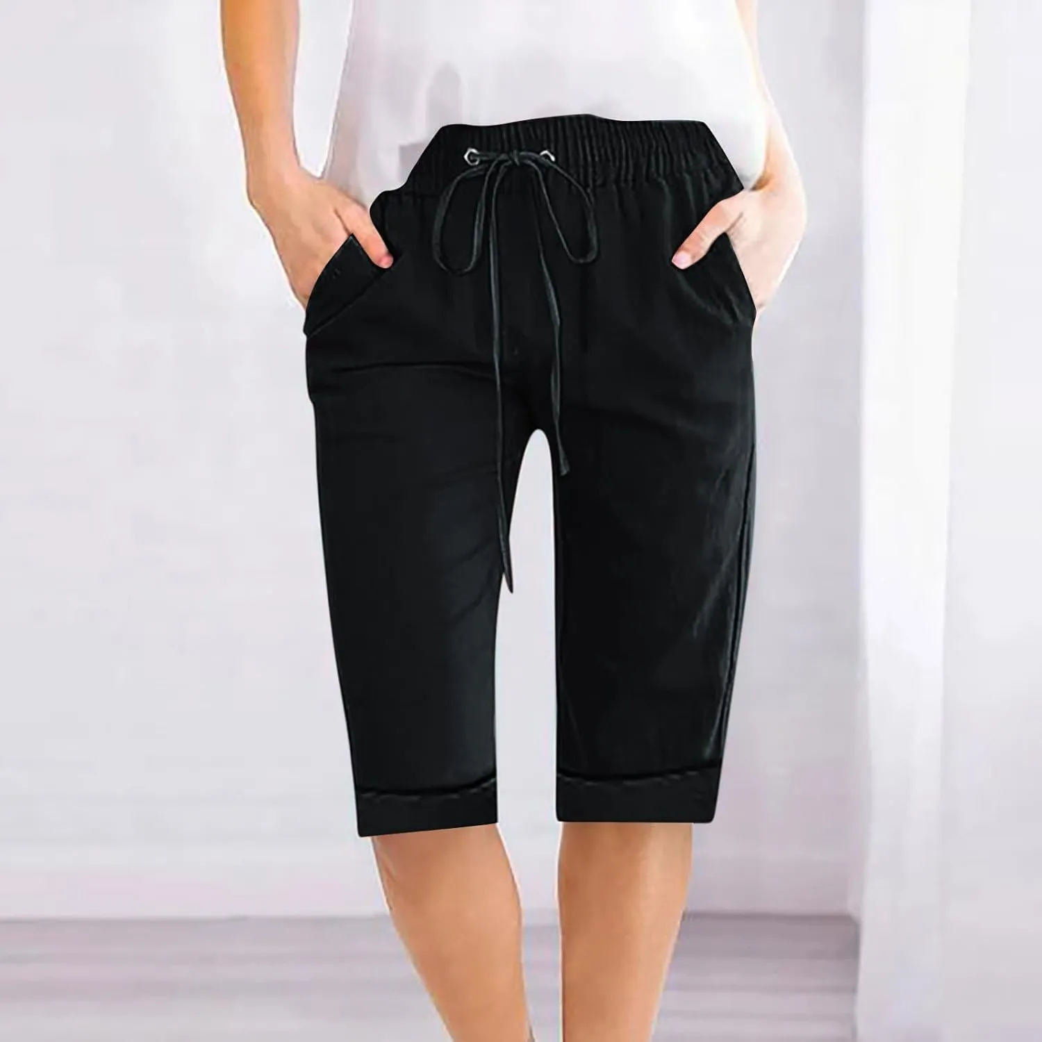Linen Shorts for Women Casual Summer Drawstring Elastic Waist Pants with Pockets Comfy Bermuda Shorts Knee Length