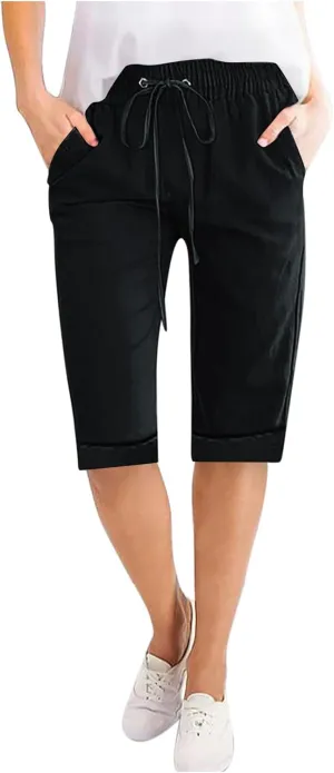 Linen Shorts for Women Casual Summer Drawstring Elastic Waist Pants with Pockets Comfy Bermuda Shorts Knee Length