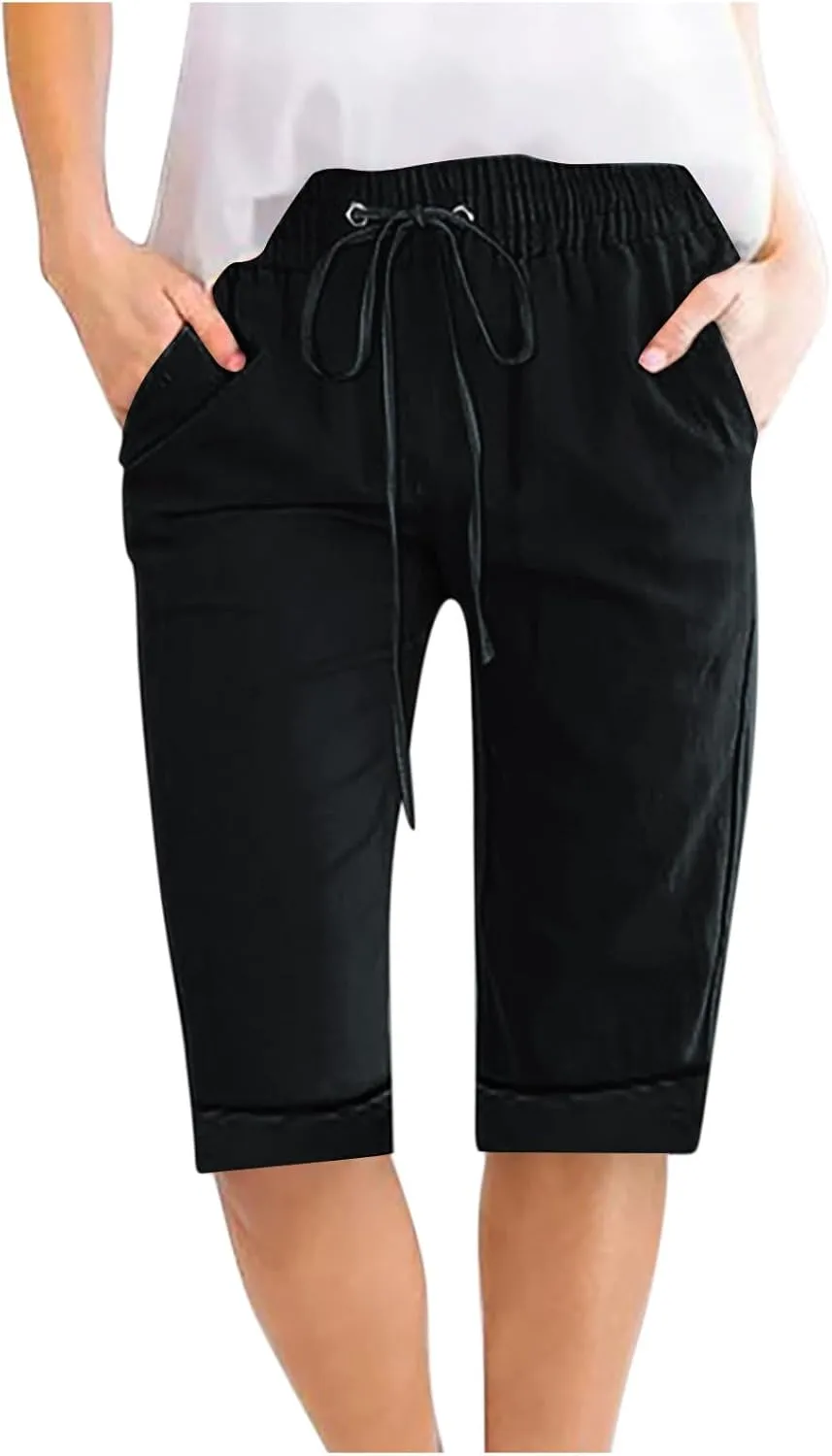 Linen Shorts for Women Casual Summer Drawstring Elastic Waist Pants with Pockets Comfy Bermuda Shorts Knee Length