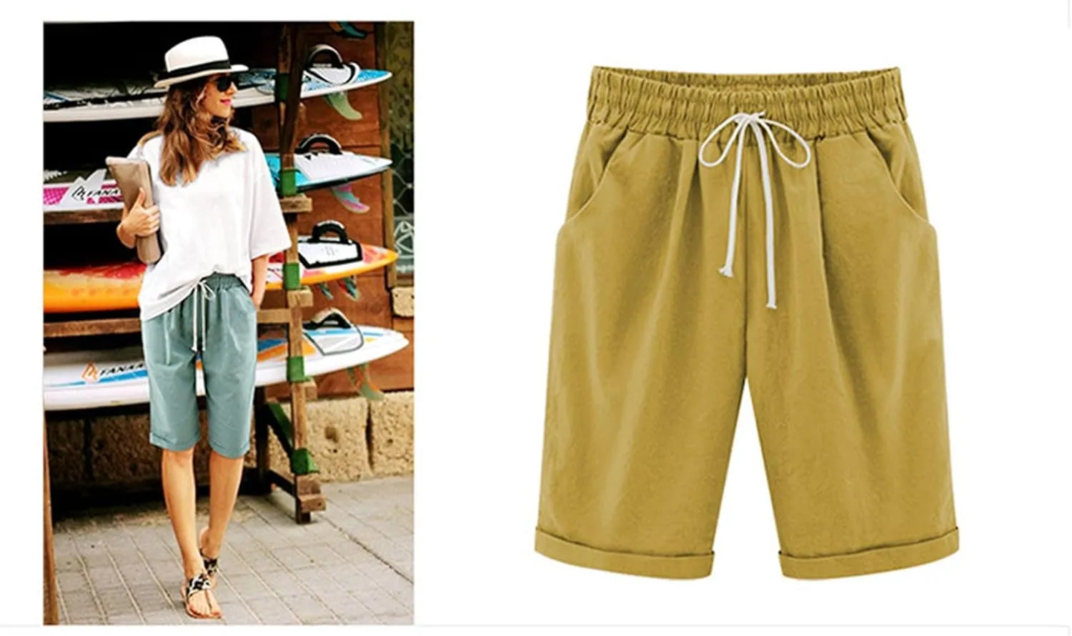 Linen Shorts for Women High Waisted Bermuda Shorts Summer Casual Knee Length Shorts Beach Athletic Shorts with Pocket
