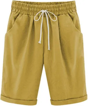 Linen Shorts for Women High Waisted Bermuda Shorts Summer Casual Knee Length Shorts Beach Athletic Shorts with Pocket