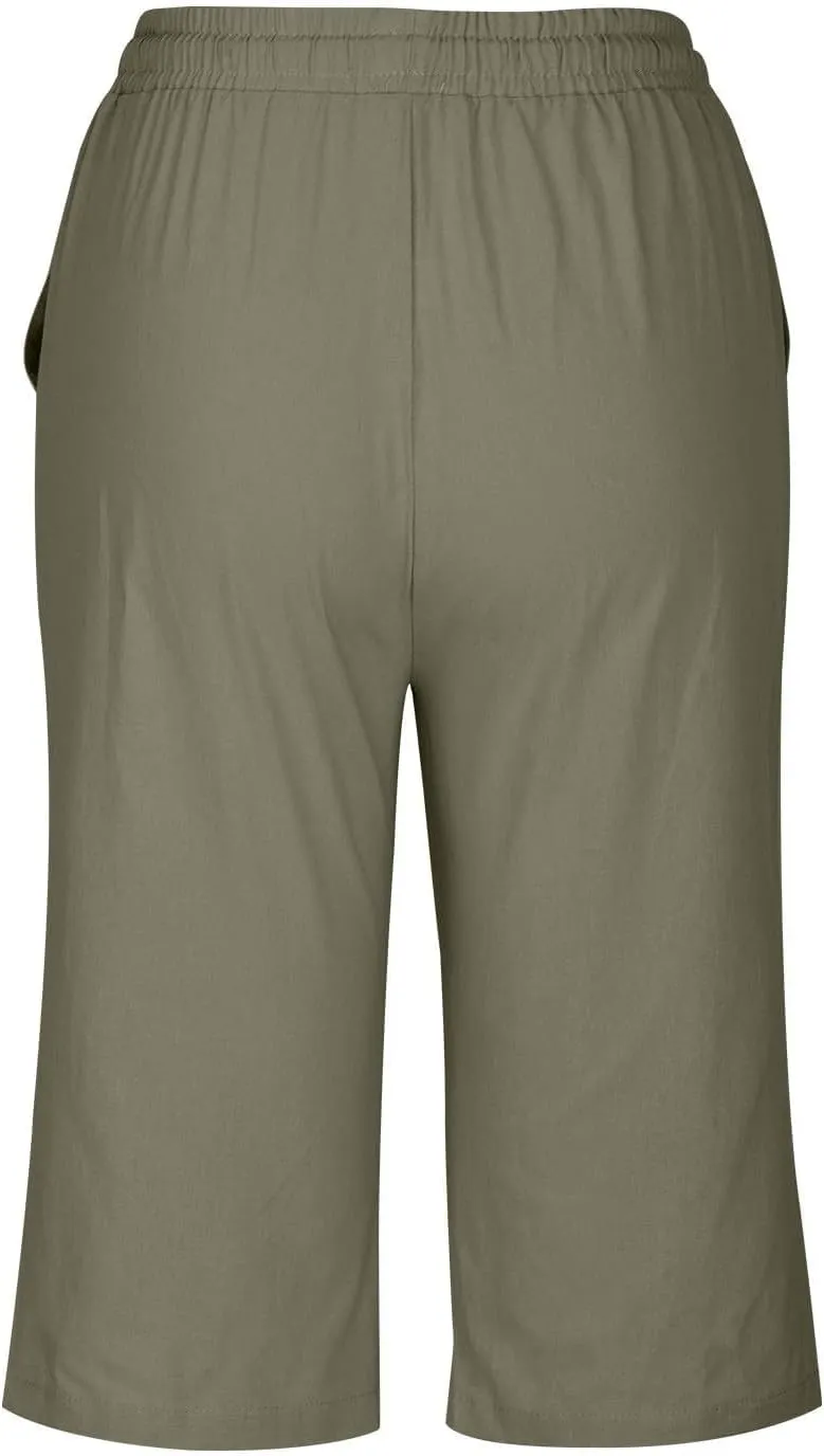 Linen Shorts for Women Knee Length 2025 Striped Bermuda Shorts Summer Casual Elastic Waisted Shorts with Pockets