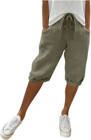 Linen Shorts for Women Knee Length 2025 Striped Bermuda Shorts Summer Casual Elastic Waisted Shorts with Pockets