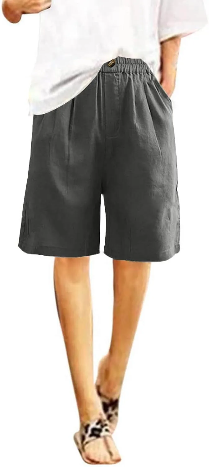 Linen Shorts for Women Wide Leg Knee Length Summer Casual Long Shorts High Waisted Bermuda Shorts with Pocket