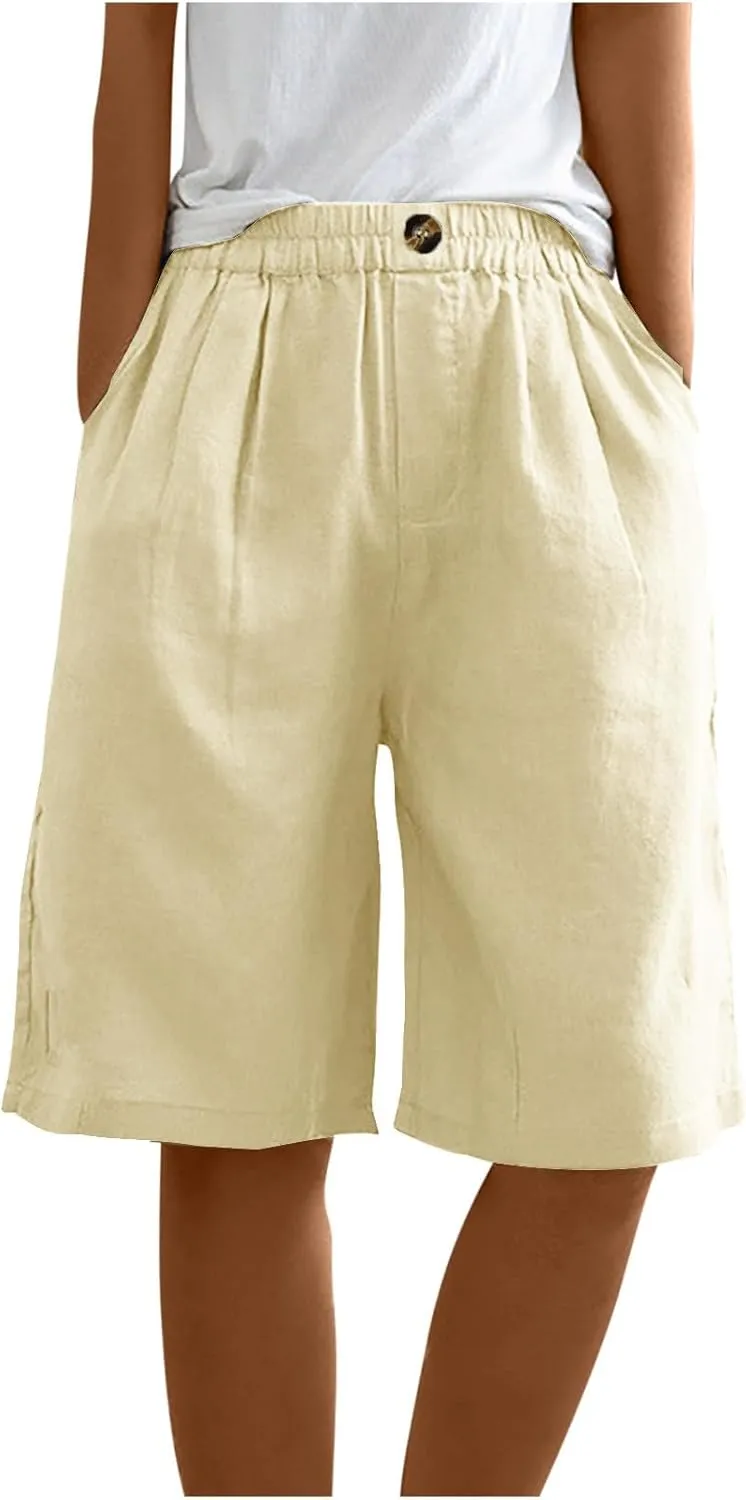 Linen Shorts for Women Wide Leg Knee Length Summer Casual Long Shorts High Waisted Bermuda Shorts with Pocket