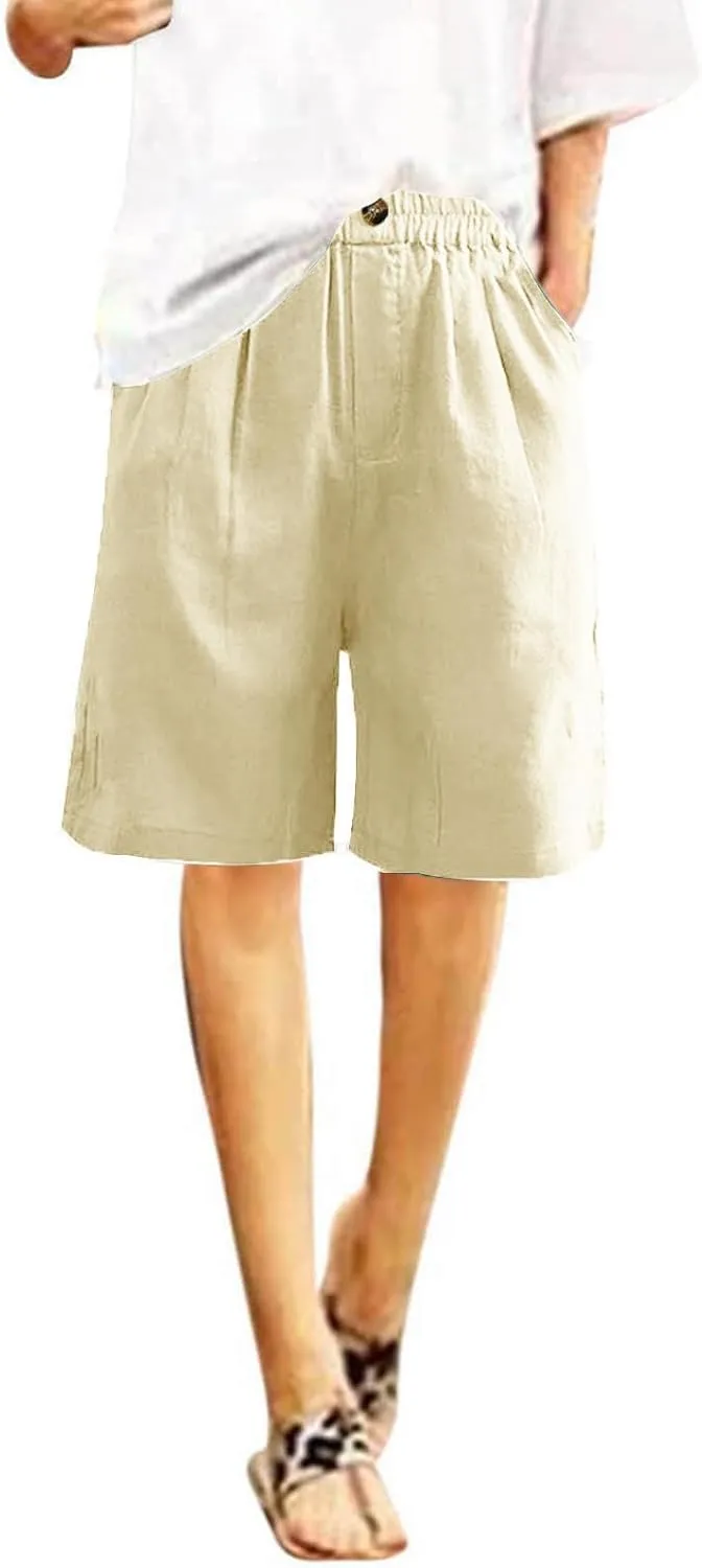 Linen Shorts for Women Wide Leg Knee Length Summer Casual Long Shorts High Waisted Bermuda Shorts with Pocket