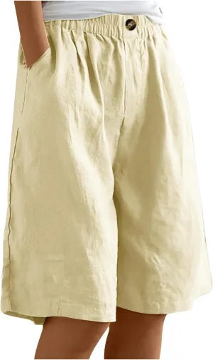 Linen Shorts for Women Wide Leg Knee Length Summer Casual Long Shorts High Waisted Bermuda Shorts with Pocket
