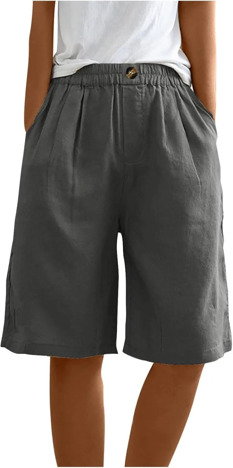 Linen Shorts for Women Wide Leg Knee Length Summer Casual Long Shorts High Waisted Bermuda Shorts with Pocket